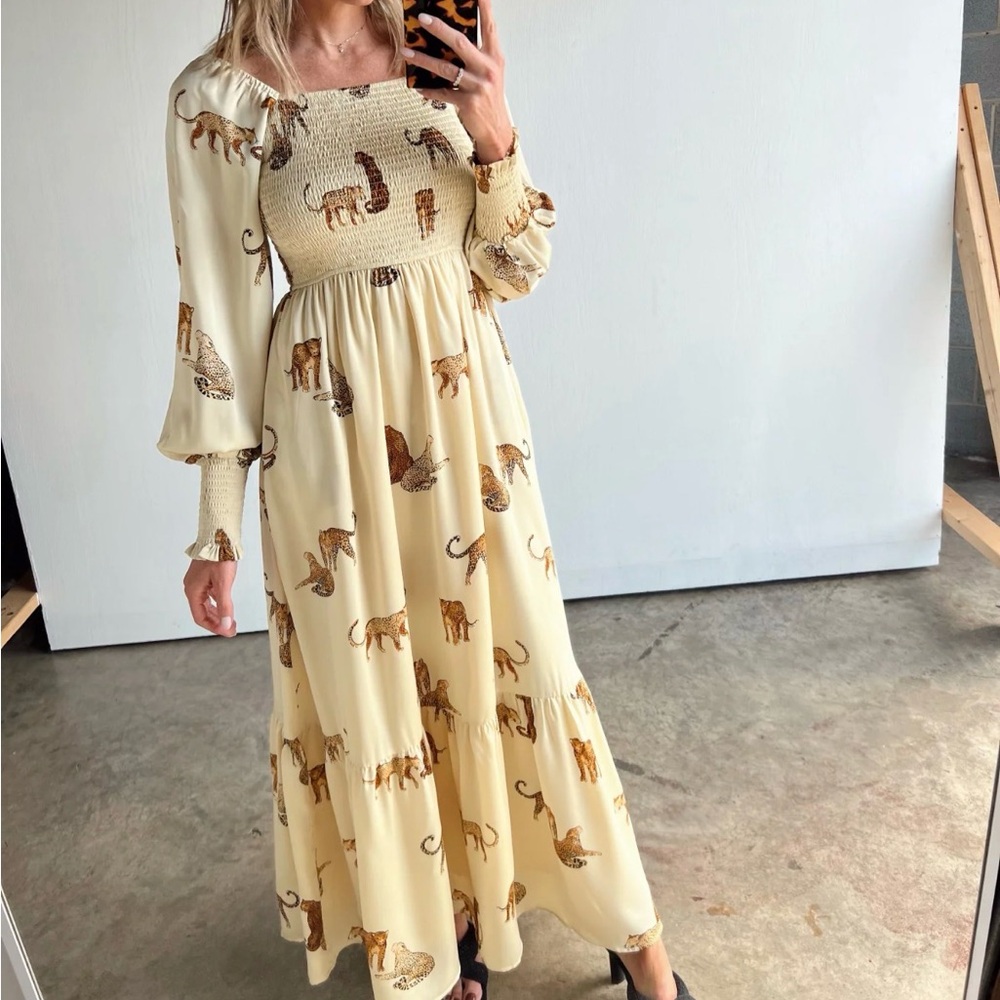 Vestique Cream Animal Print Long Sleeve Dress